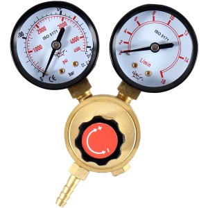 Güde Druckregler CO2/Argon GDR2 für Schweißgeräte: Einstufiger Regler mit zwei Manometern und rotem Einstellknopf.