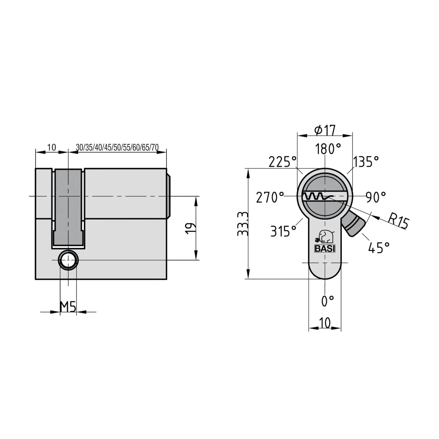 Technische Zeichnung Basi Profil-Halbzylinder 10/30 mm, verschiedenschließend, mit Maßen.