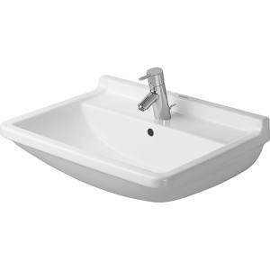 Weißes Duravit Starck 3 Handwaschbecken, 65 cm, mit Armatur und Überlauf.