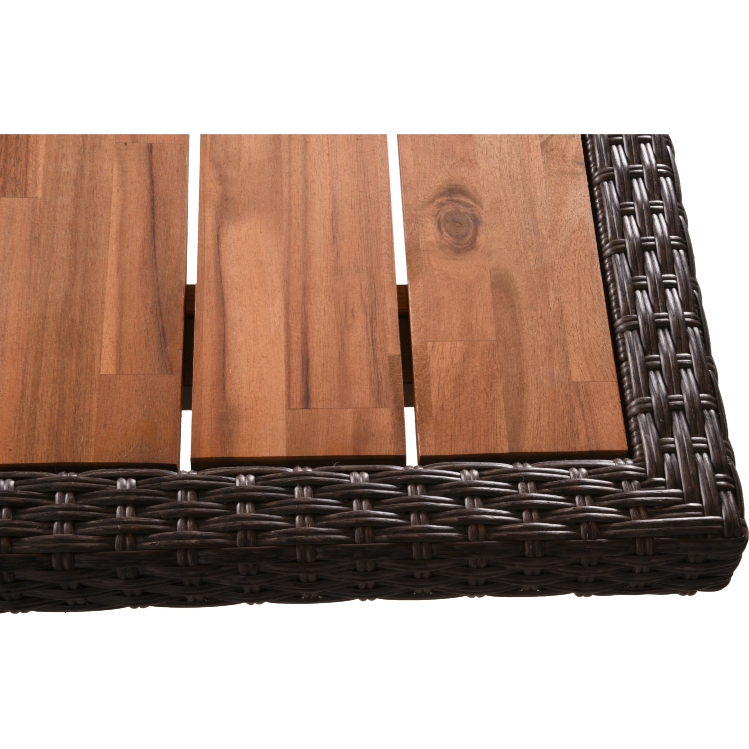 Detailansicht: Weidengrauer Tisch mit Akazienplatte des Garden Pleasure Gartenmöbel Sets Braga.
