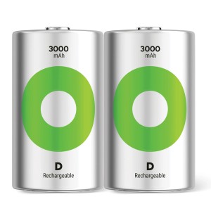 2er-Pack GP Recyko D Akkus, NiMH, 3.000 mAh, wiederaufladbar.