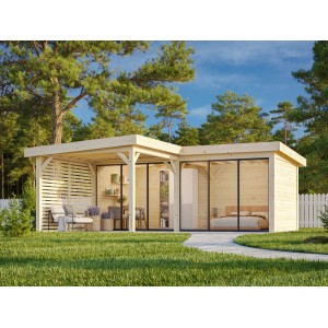 Palmako Pavillon Lenna Set 413, 588x588 cm, weiß lackiert. Weekendhaus mit Schiebetüren und Sichtschutzzaun.