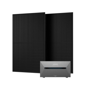 Anker Solix Balkonkraftwerk mit grauer Solarbank 2 E1600 und zwei schwarzen Solarmodulen.