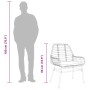 Abmessungen des braunen vidaXL Gartenstuhls aus Polyrattan mit Kissen im Vergleich zu einer menschlichen Figur.