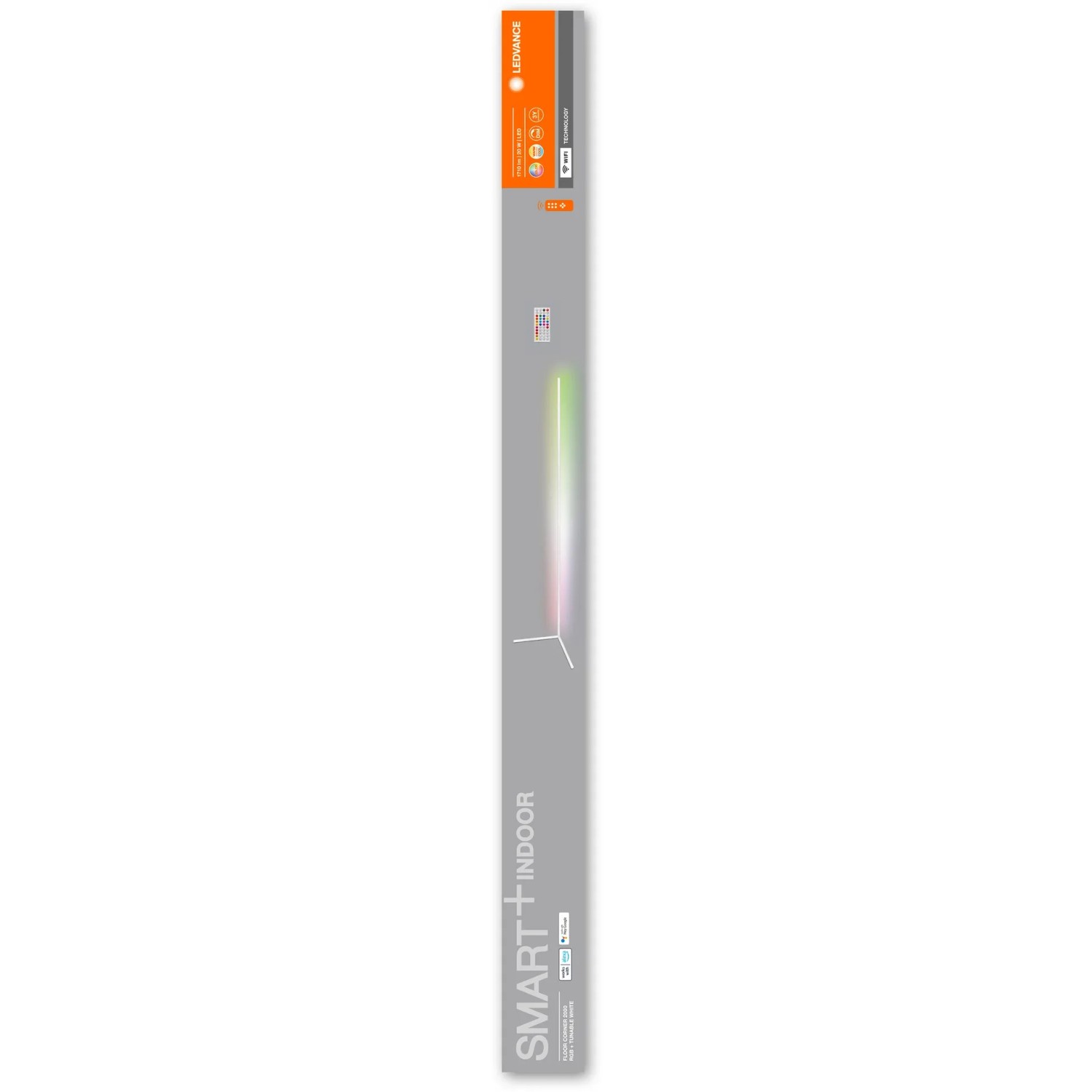 Verpackung der Ledvance Smart+ WiFi Stehleuchte, 200cm, RGBTW, Weiß. Smarte Leuchte für indirekte Beleuchtung.