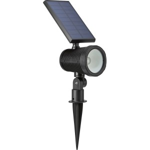 Schwarzer LED Solar Spot mit Erdspieß für Garten und Terrasse.