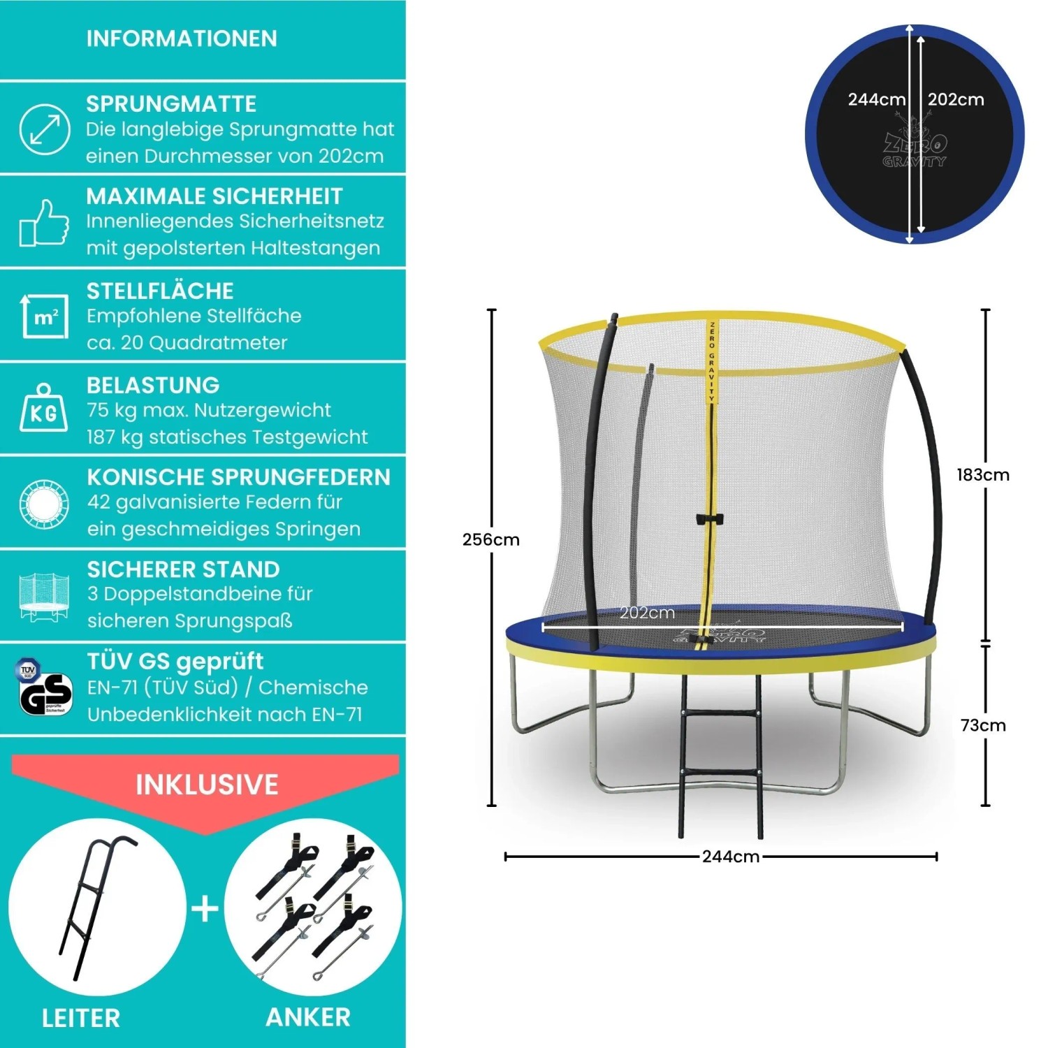 Zero Gravity Gartentrampolin 244cm mit Sicherheitsnetz, Leiter und Bodenanker für sicheren Springspaß.