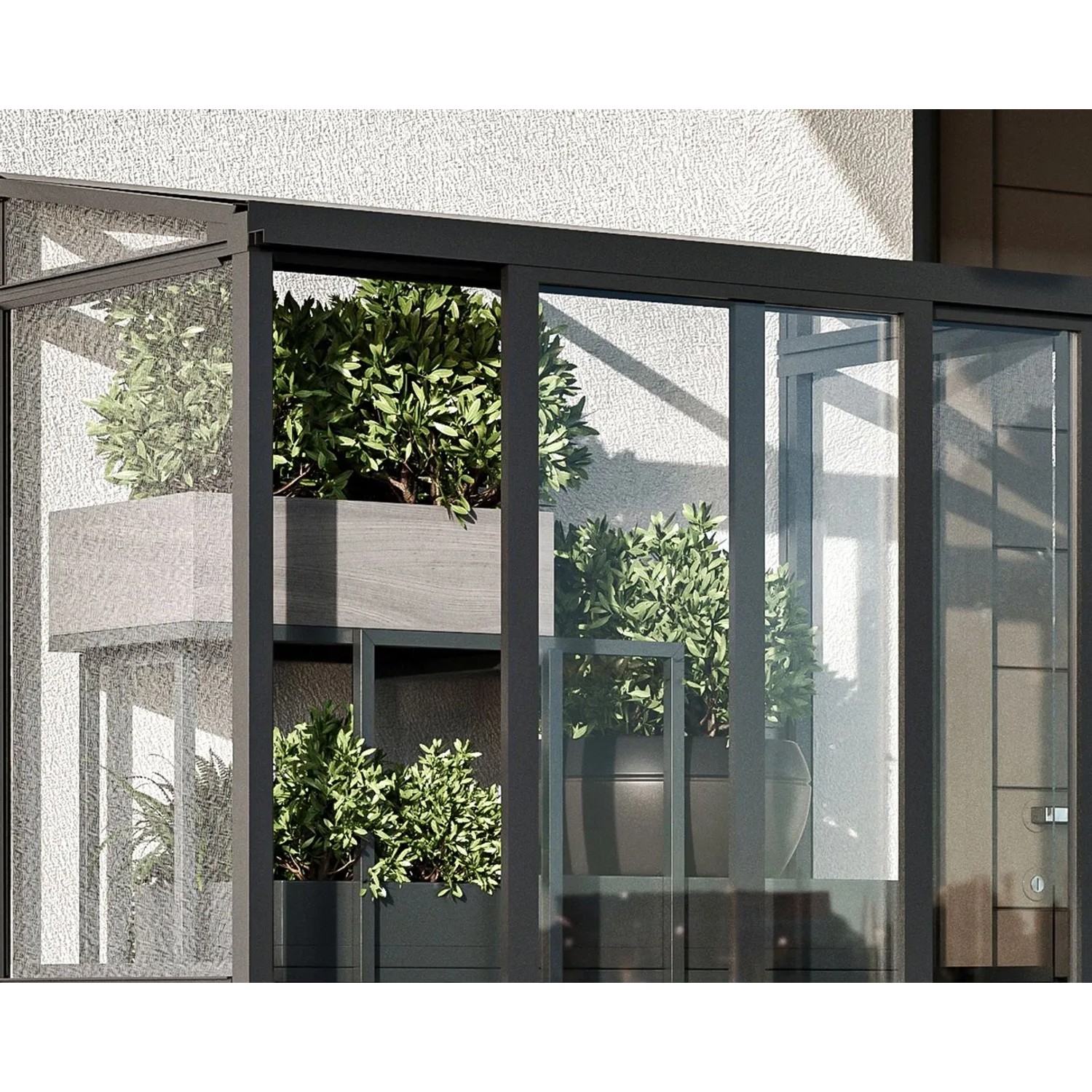 Schwarzes Aluminium Mini-Gewächshaus mit Glaswänden und grünen Pflanzen auf Regalen. Ideal für Balkon & Terrasse.