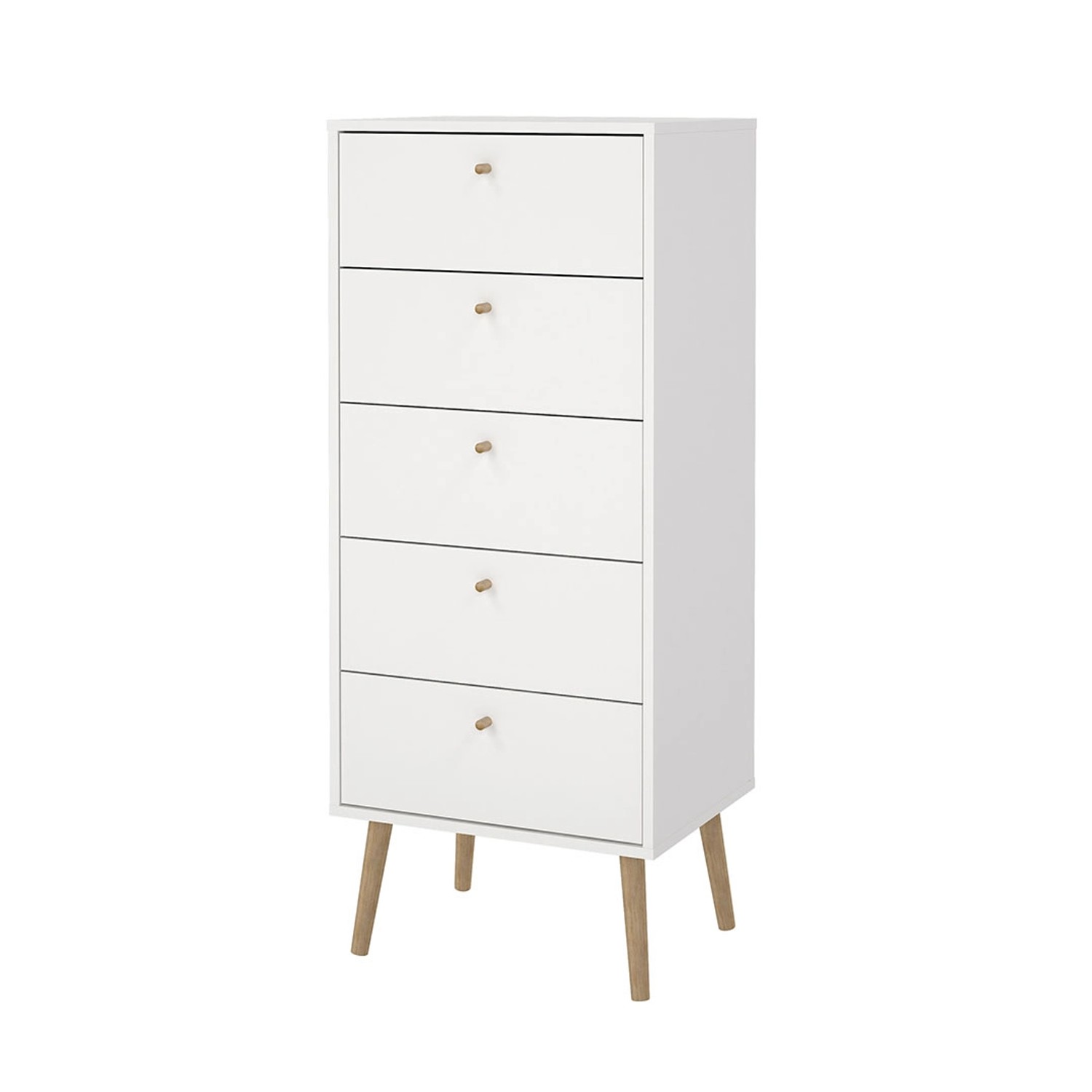 Weiße ebuy24 Bodo Kommode mit 5 Schubladen und Holzfüßen. Ideal für Schlafzimmer und Wohnzimmer.