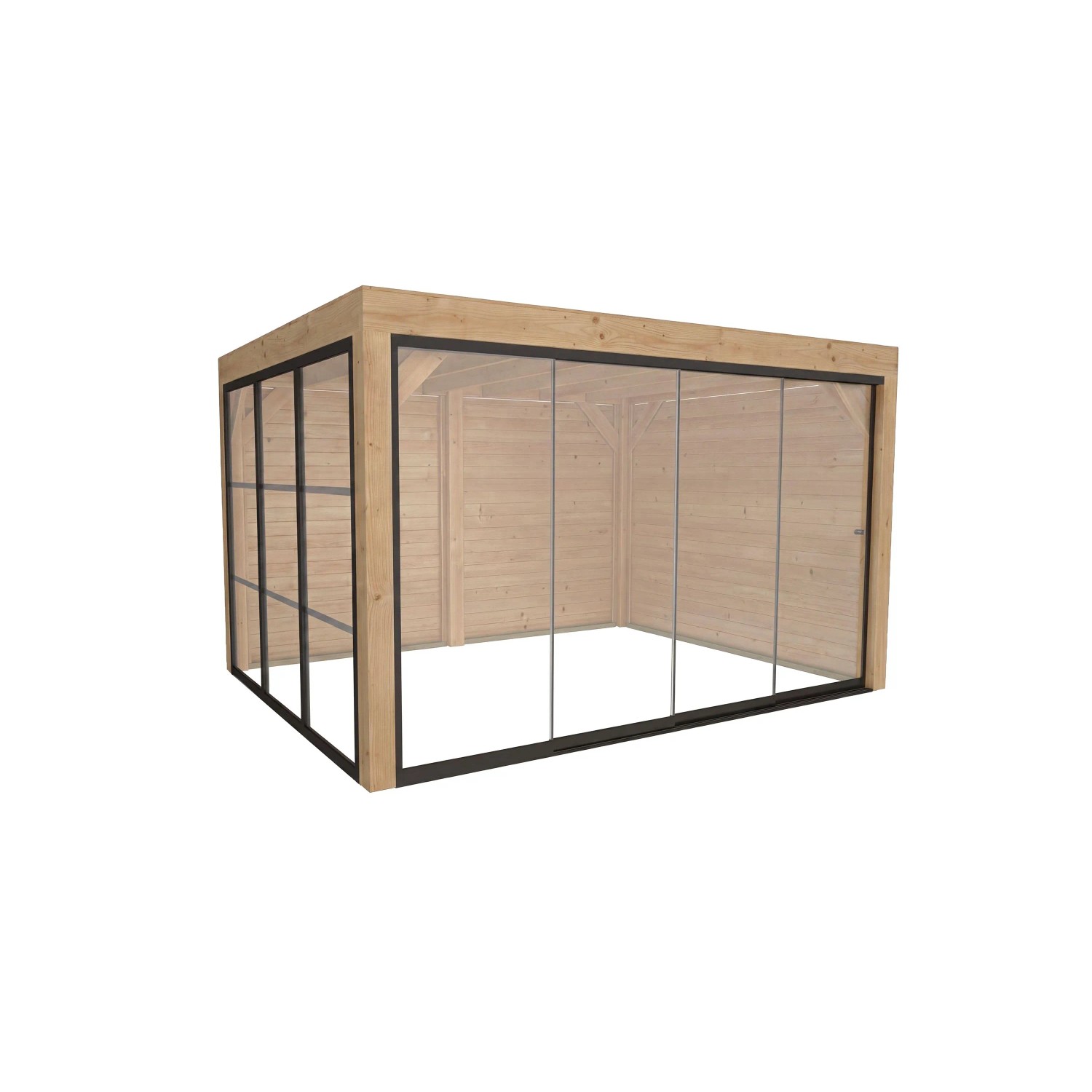 Moderne weka Gartenlaube Lumley aus Fichte mit Flachdach, Glasschiebetür und Glaswänden. Ideal als Terrassenüberdachung.
