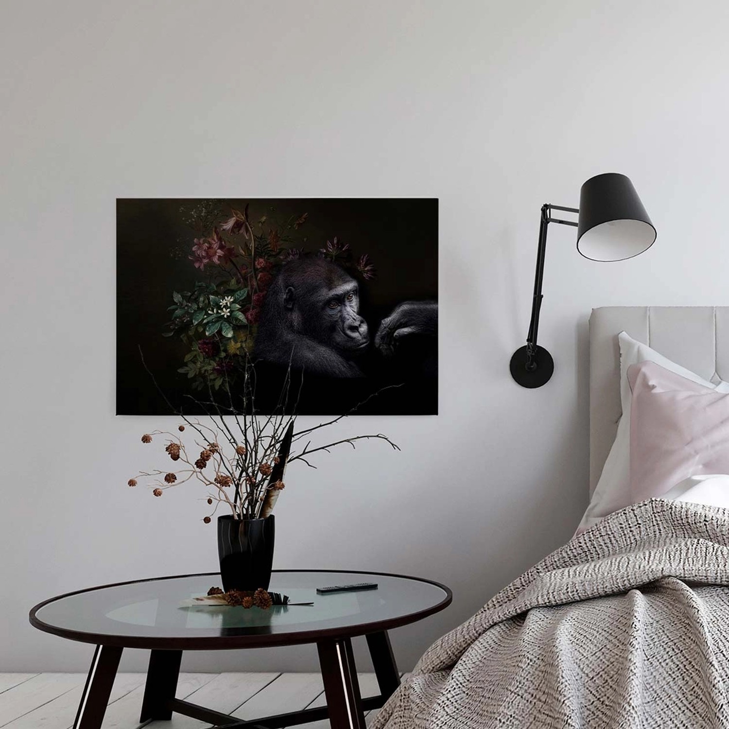 Bricoflor Leinwand Bild Mit Gorilla Und Blumen Stillleben Wandbild In Schwarz Ideal Für Wohn Und Schlafzimmer Tier Bild 