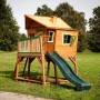 Axi Spielhaus Max mit Leiter, Rutsche und Sandkasten in Braun und Grün im Garten.