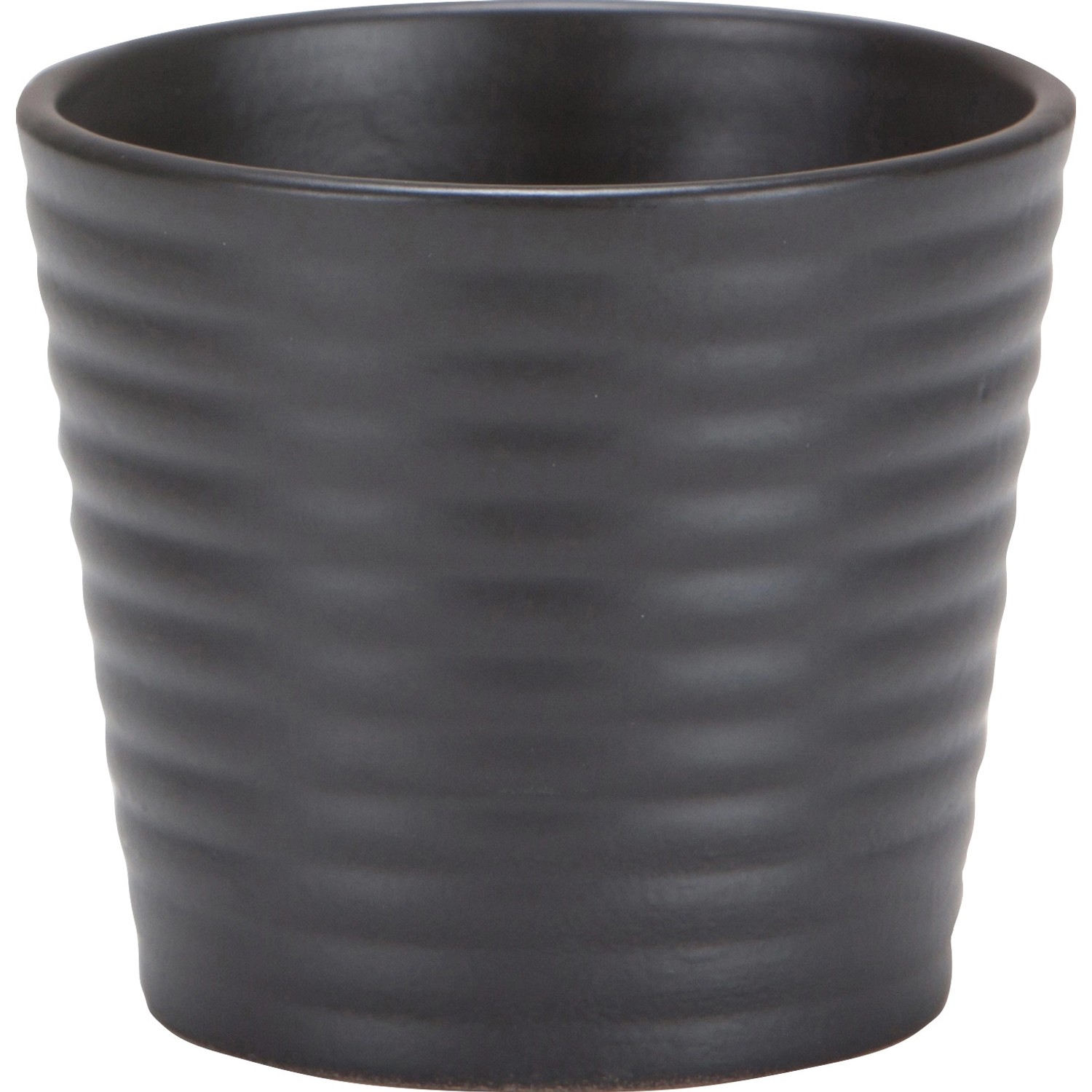 Schwarzer Scheurich Übertopf Expressive 937, Ø 9 cm, mit geriffelter Oberfläche.