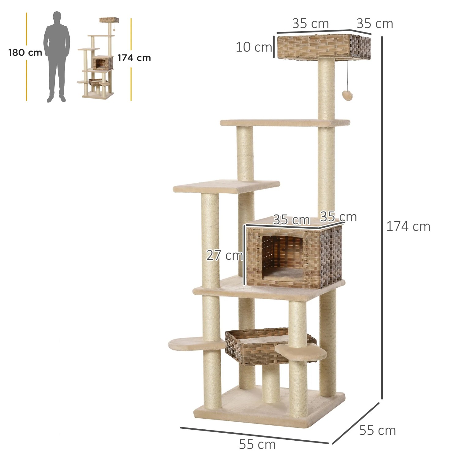PawHut Kratzbaum mit Katzenhöhle, 174cm hoch, aus Rattan, Sisal und MDF.