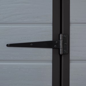 Detailaufnahme: Türscharnier am grauen Keter Gerätehaus Lineus.