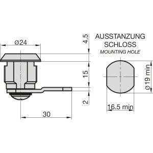 Technische Zeichnung: Basi Hebelschloss HS 326 für Format Briefkästen, Maße und Ausstanzung dargestellt.