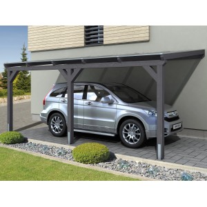 Skan Holz Carport Vogtland, schiefergrau, mit Auto. Einzelcarport aus Leimholz mit Doppelstegplatten.