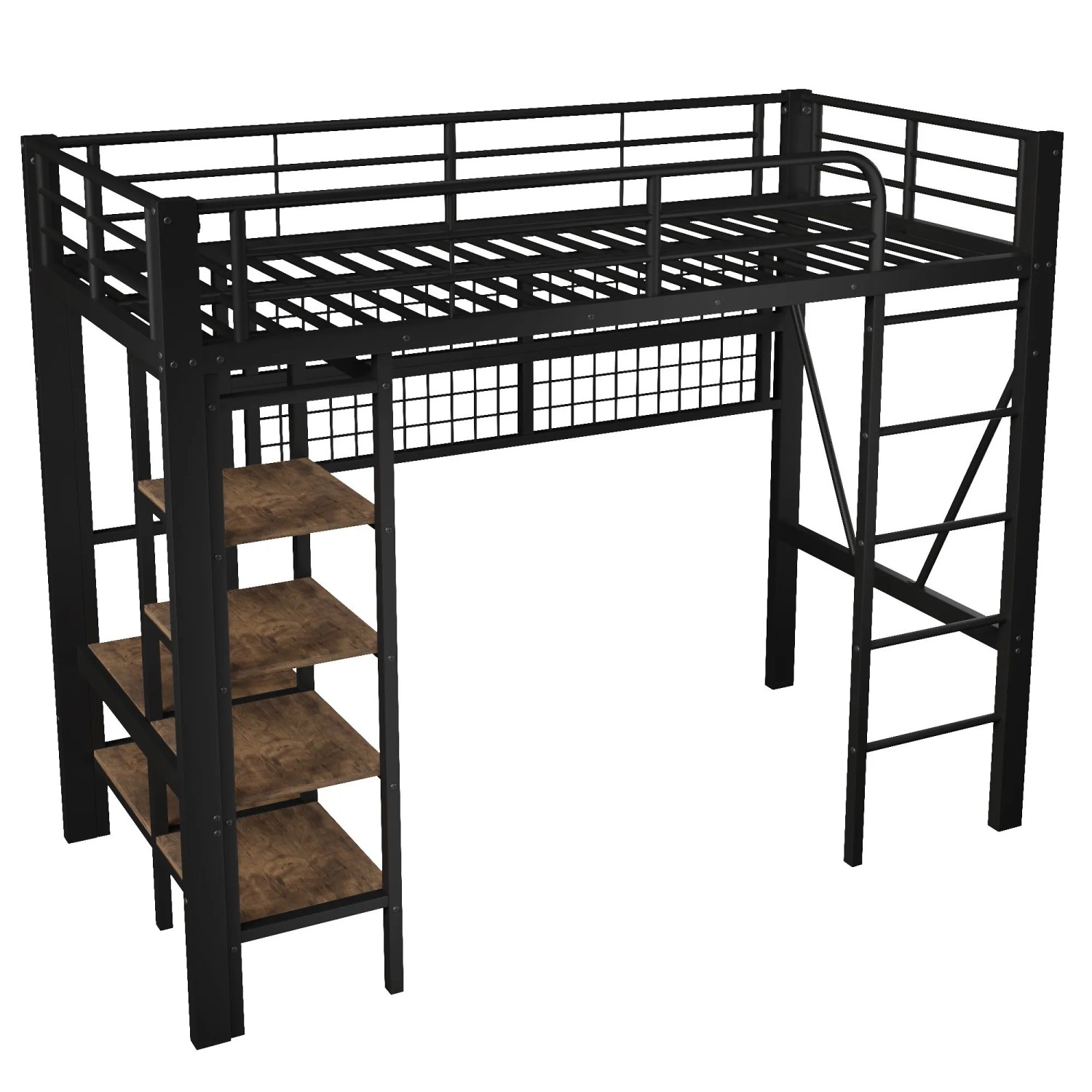 okwish Metall Hochbett 90x200cm mit Kleiderstange und LED Schwarz ohne Matratze