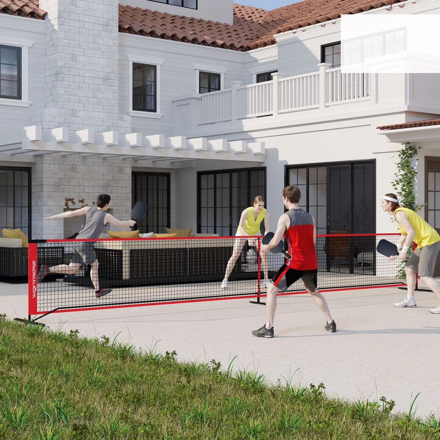 SPORTNOW Pickleball Netz rot-schwarz, Spieler auf Terrasse. Tragbares Sport & Fitnessgerät für Outdoor-Spiele.