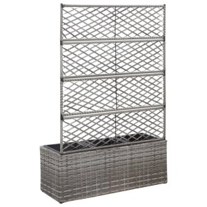 Graues Furnicato Hochbeet mit Rankgitter und 3 Töpfen aus Poly Rattan, 83x30x130cm.
