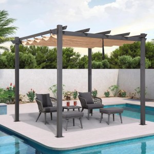 Dunkelgraue Aluminium-Pergola mit beigem Schiebedach am Pool. Moderner Pavillon für Garten & Terrasse.