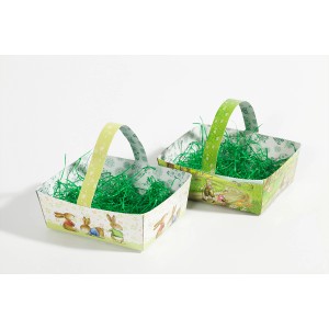 Zwei Brauns-Heitmann Pappkörbchen mit Gras, sortierte Ostermotive mit Hasen und Natur.