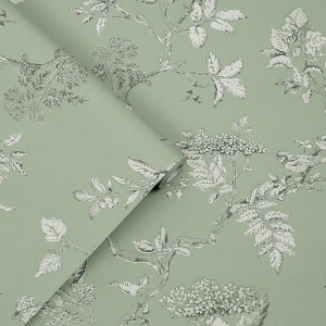 Laura Ashley Vliestapete Elderwood Sage mit Blüten und Beeren auf Salbeigrün.