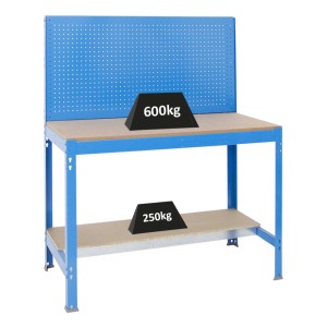 Blaue PROREGAL Werkbank mit Werkzeugwand, 120 cm breit, Traglast 600 kg.