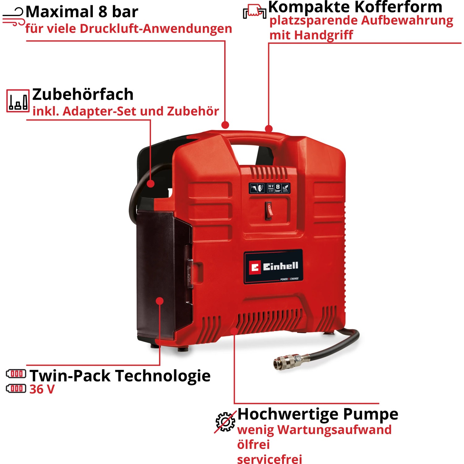 Einhell Akku-Kompressor TE-AC 36/8 Li OF Solo im Kofferdesign, rot. Kompressor für Power X-Change Akkus.
