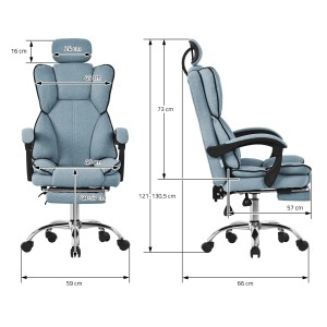 Maße des blauen ML-Design Bürostuhls mit Beinauflage und verstellbarer Rückenlehne.