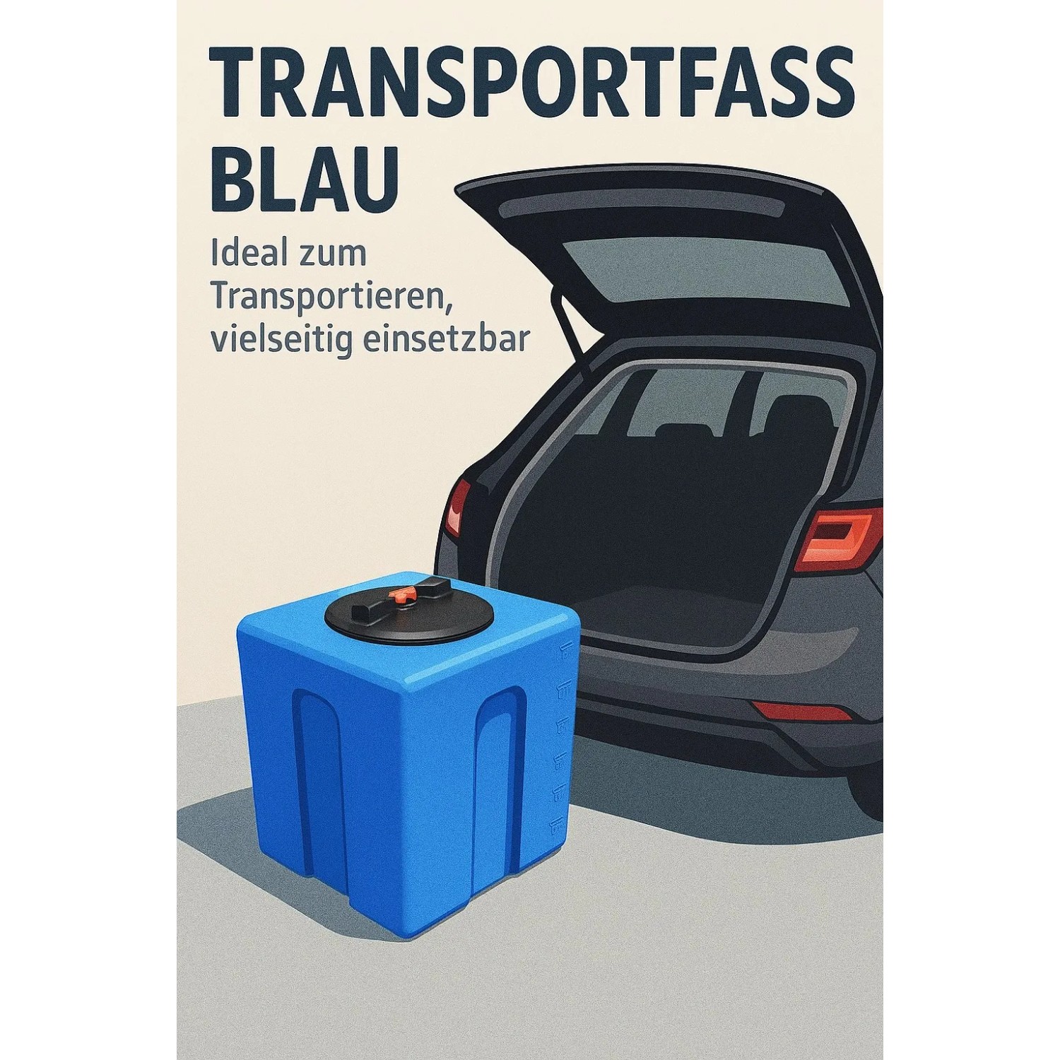 Blauer 60L Kubus Trinkwasser Wassertank aus PE neben offenem Kofferraum. Ideal für Transport & Lagerung.
