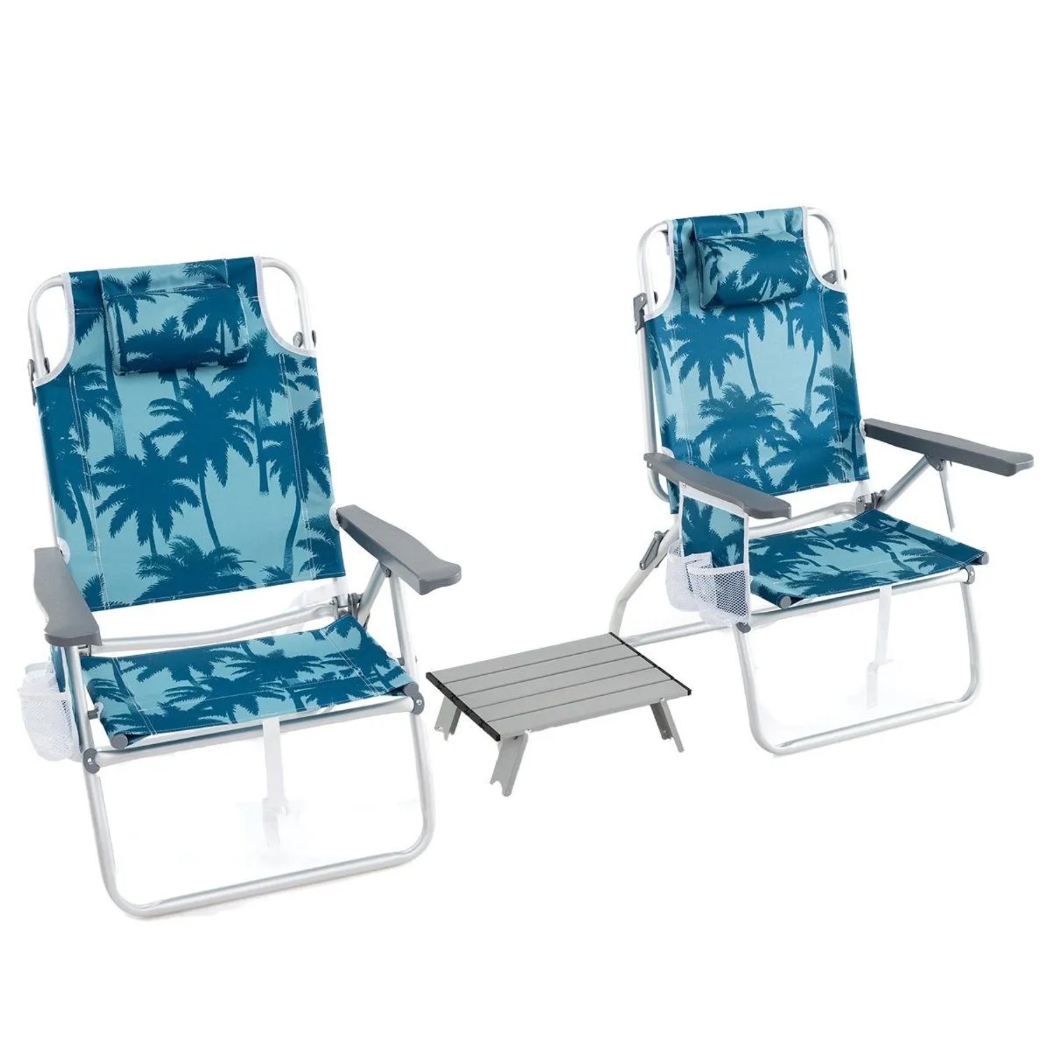 Costway Klappbare Strandstühle mit Tisch Kopfstütze Schultergurten Blau