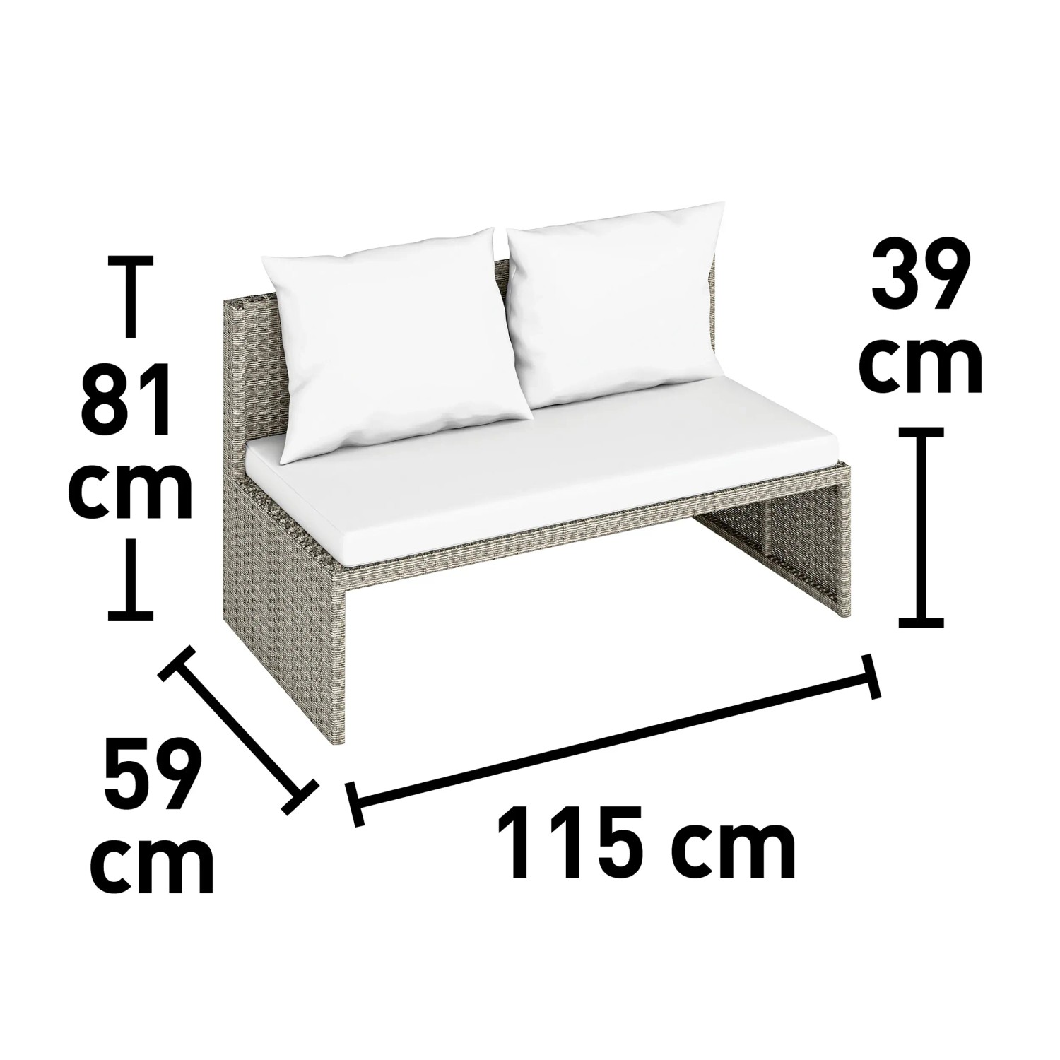 Lounge-Bank Bostonia, hellbraunes Polyrattan, mit Maßen. Teil des 4-tlg. Lounge-Sets.