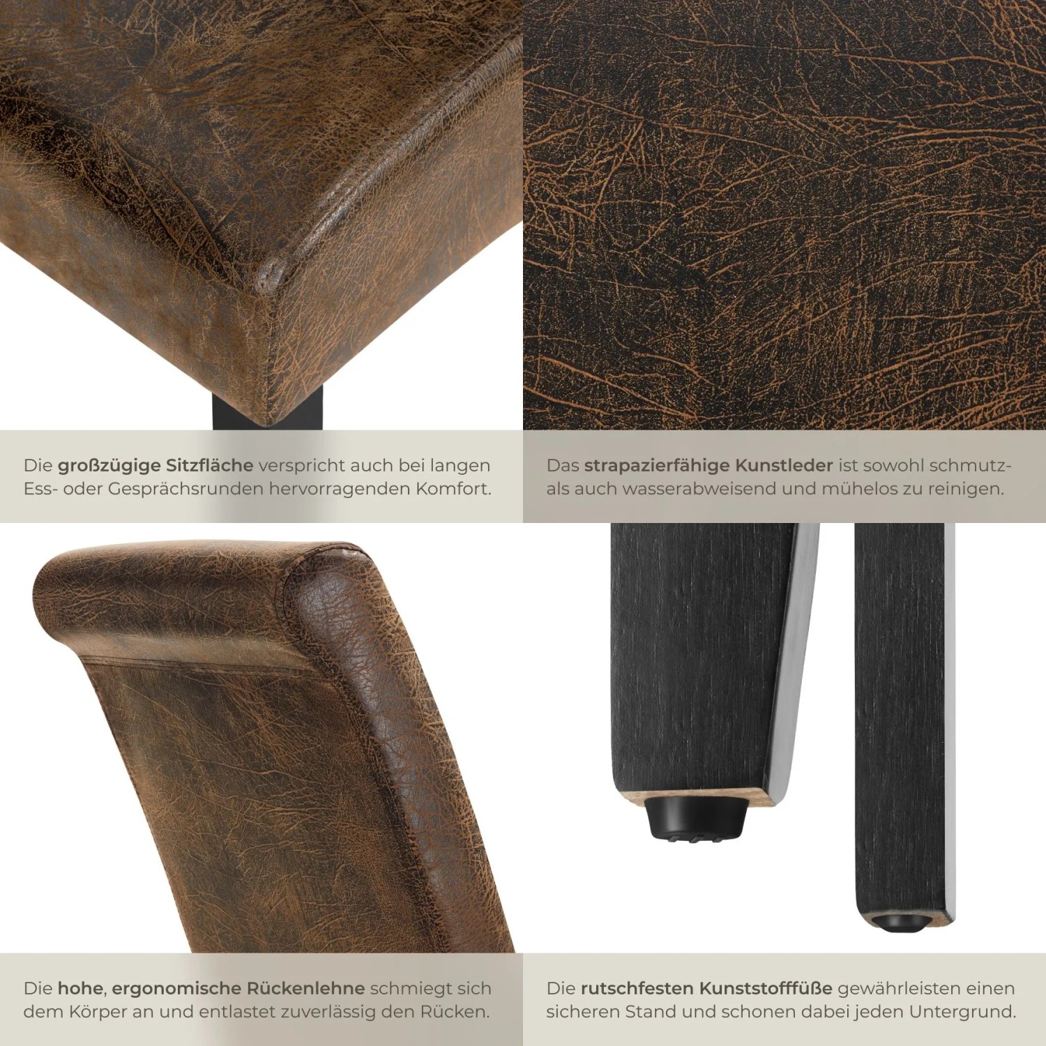 Detailansicht Tectake Esszimmerstuhl, 6er Set, antikbraun, Kunstleder, hohe Rückenlehne, Stuhlbeine aus Holz.