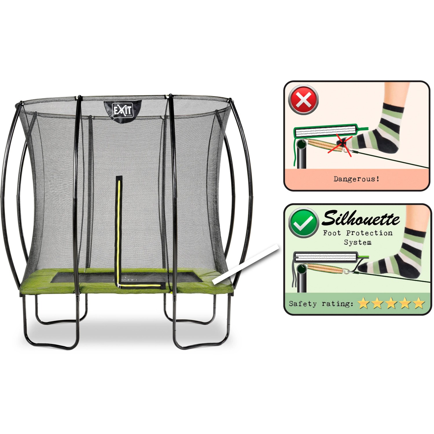 Grünes EXIT Silhouette Gartentrampolin 153x214cm mit Sicherheitsnetz und Fußschutzsystem.