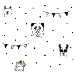 Vliestapete mit Tieren, rosa und schwarz, für das Kinderzimmer. Panda, Lama, Einhorn und Girlanden.