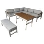 Graues Greemotion Lounge-Set Miami, 5-teilig: Stahlgestell, Kissen in Taupe-Hellgrau, Tisch mit Holzoptik. Gartenmöbel-Set für Terrasse.