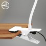 Weiße Briloner LED-Klemmleuchte FLEKS mit Schwanenhals am Tisch befestigt.