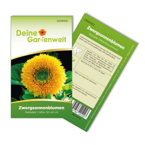 Deine Gartenwelt Zwergsonnenblume Teddybär Samen Packung mit goldgelber Blüte.