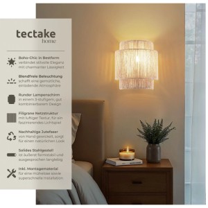 Tectake Wandleuchte Lignea im Boho-Stil, Naturfarben, dreistufiger Lampenschirm.