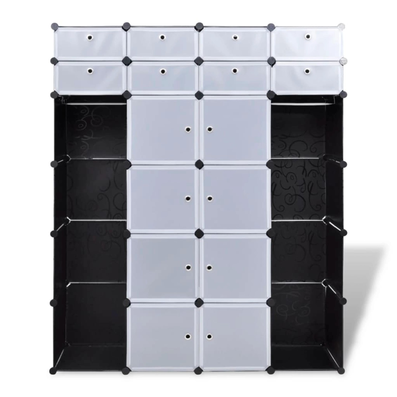 Modularer Schrank in Schwarz und Weiß mit 18 Fächern. Flexibles Schranksystem für Ordnung.