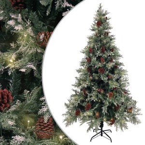 Geschmückter, grüner & weißer LED-Weihnachtsbaum (195 cm) mit Kiefernzapfen.