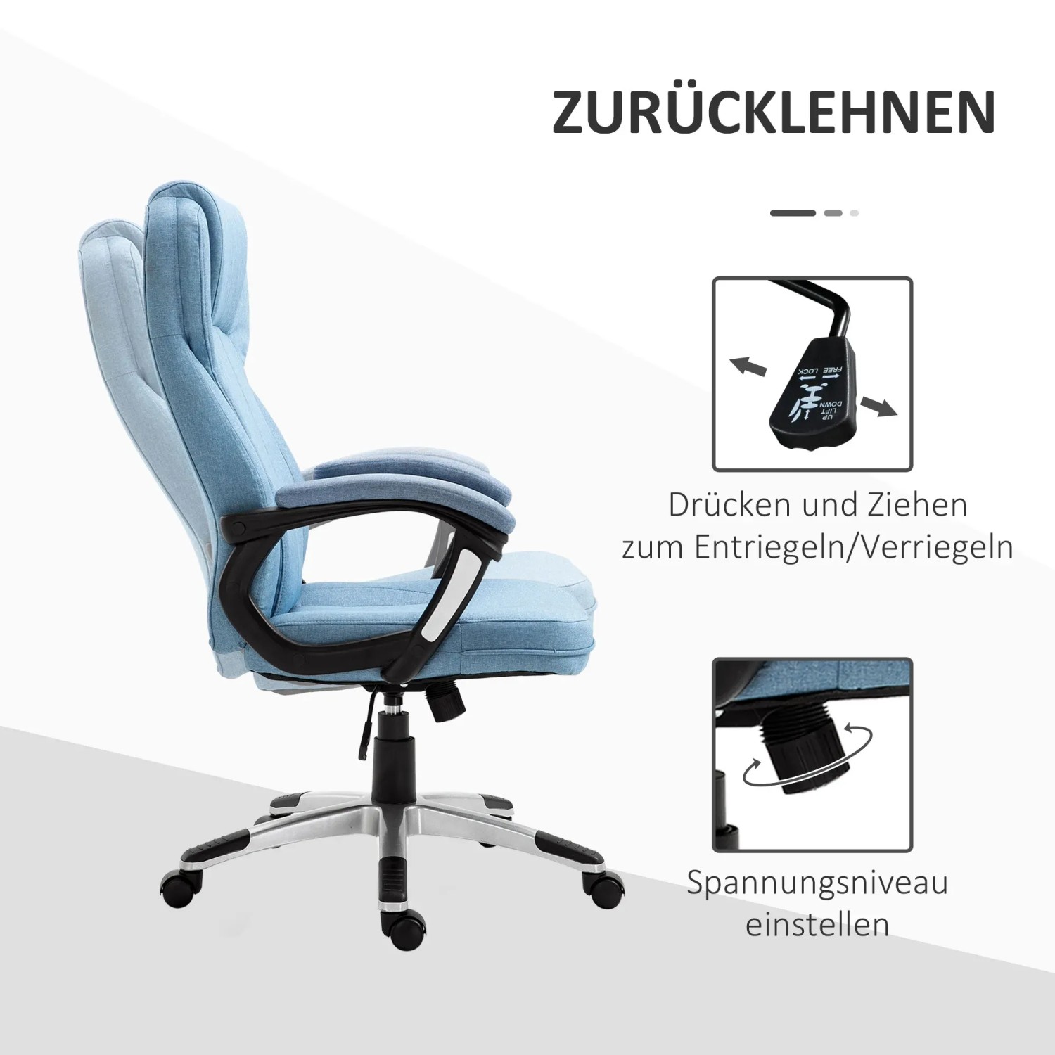 Vinsetto Bürostuhl mit Kopfstütze, hellblau, seitliche Ansicht mit Hinweisen zur Einstellung der Rückenlehne.