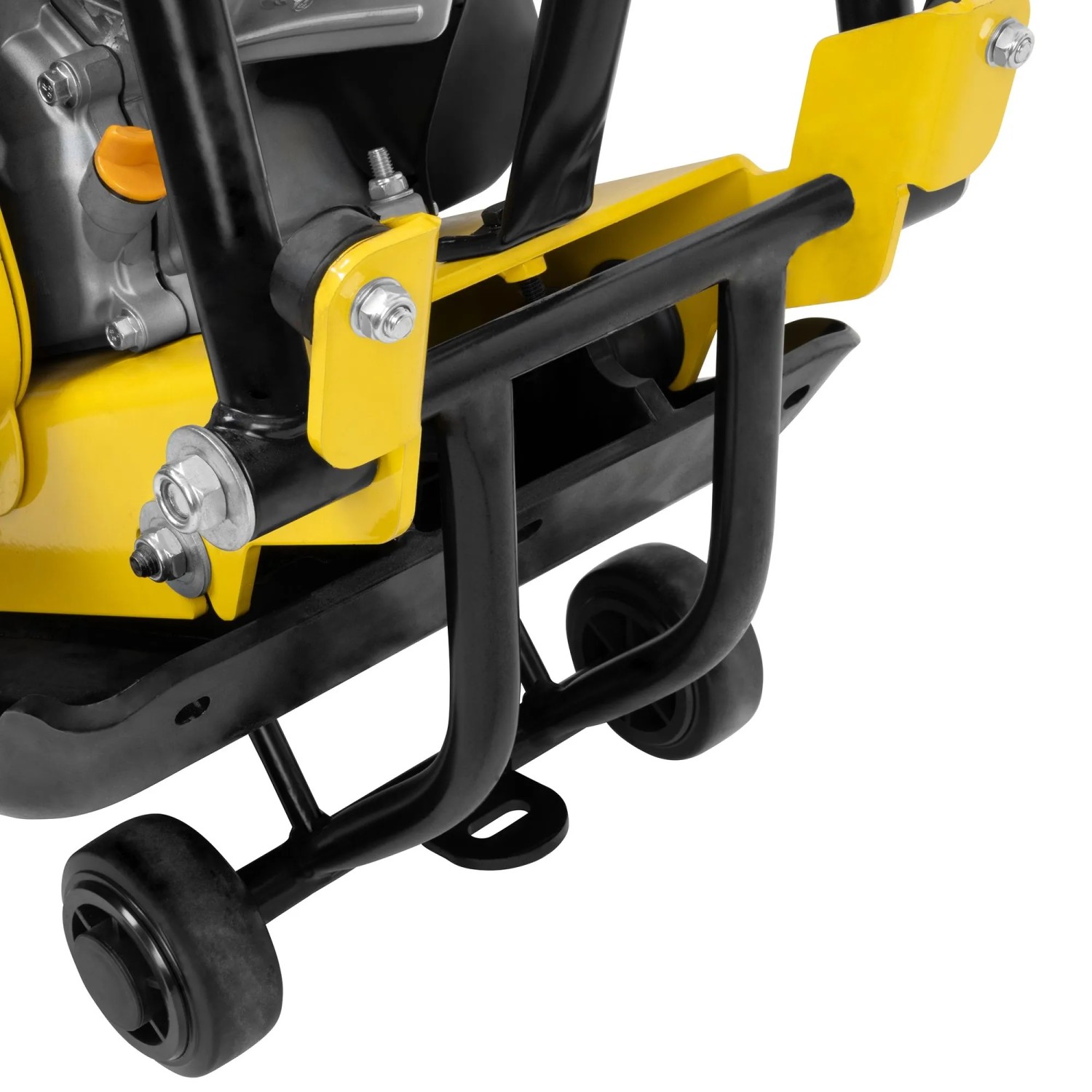 Güde Rüttelplatte GRP 60E: Integriertes Fahrwerk mit schwarzen Transporträdern für einfache Baumaschinen-Mobilität.