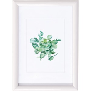 Weißer Kunststoff Bilderrahmen (10x15 cm) mit Passepartout und Eukalyptus-Motiv.
