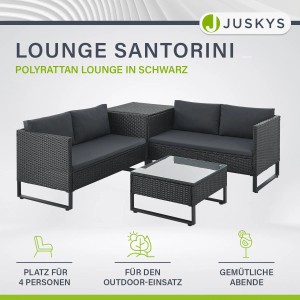 Schwarze Juskys Polyrattan Lounge Santorini mit Tisch und Auflagenbox für den Garten.
