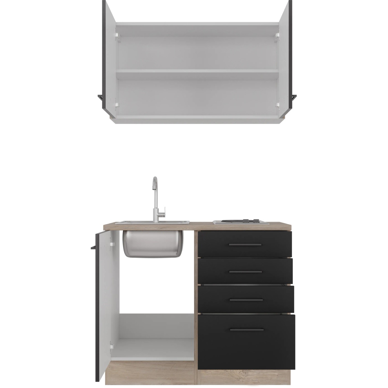 Flex-Well Miniküche Capri 100 cm, schwarz matt/Eiche, mit Spüle und Kochfeld.