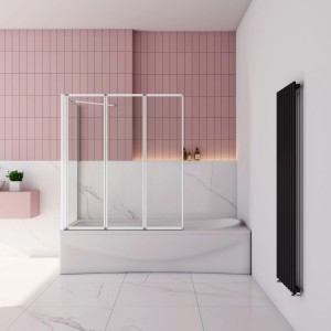 AICA Badewannenaufsatz, 120x140cm, weiß, 3-teilig mit 75cm Seitenwand aus ESG Sicherheitsglas.