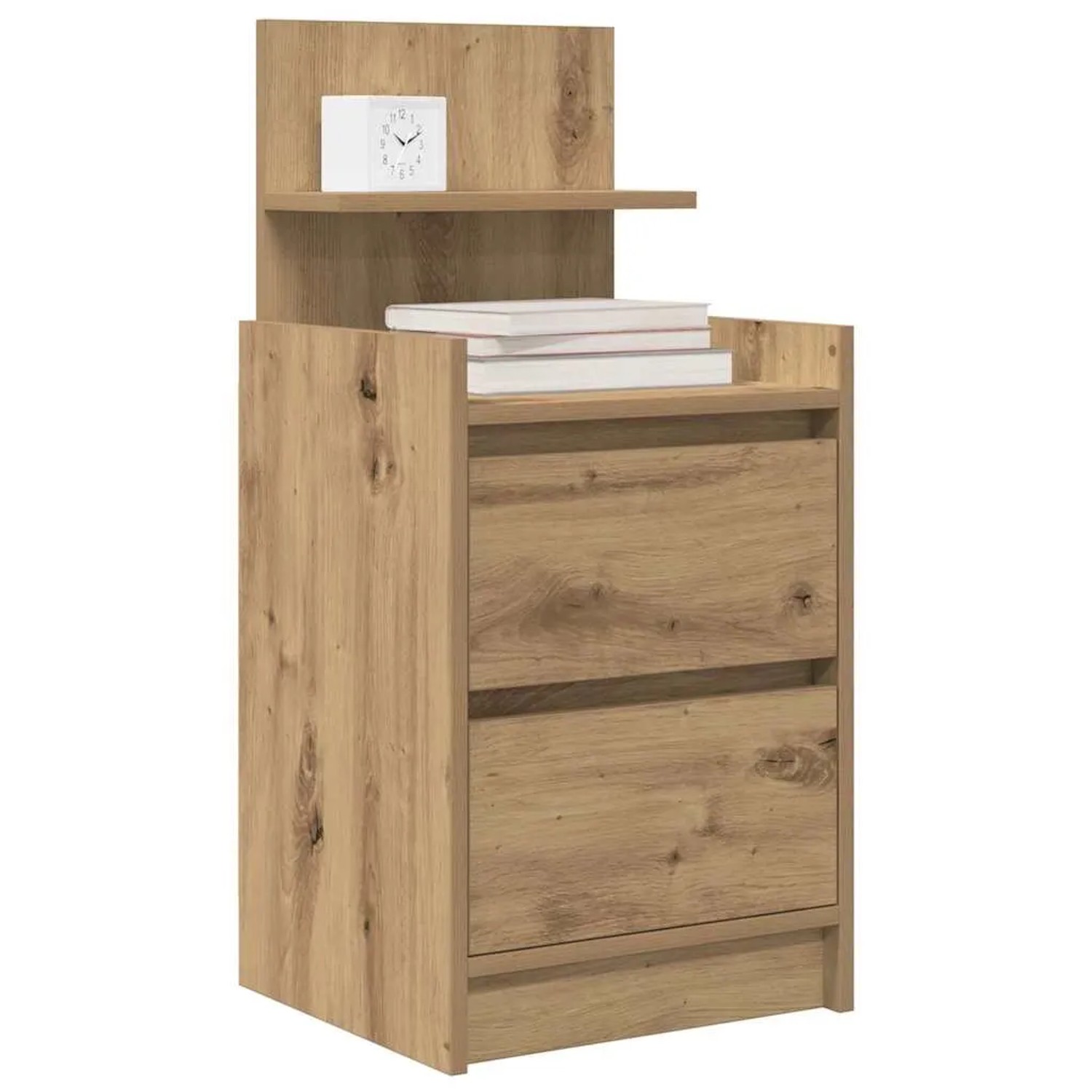 Nachttisch in Artisan-Eiche mit 2 Schubladen, offenem Fach und kleiner Ablage.