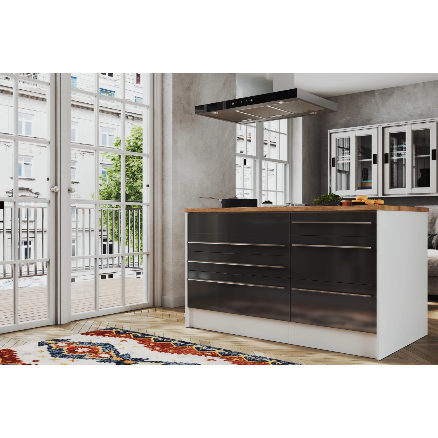 Respekta Inselküche Gabriel, 320 cm, Grau Hochglanz mit Kochinsel und Dunstabzugshaube.